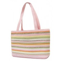 Straw Shopping Tote Bags – 12 PCS Multi Stripes - Pink - BG-ST124PK